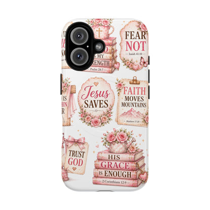 Christian Faith iPhone Tough Magnetic Case — 'Jesus Saves' Floral Scripture Design (Fear Not, Faith Moves Mountains)