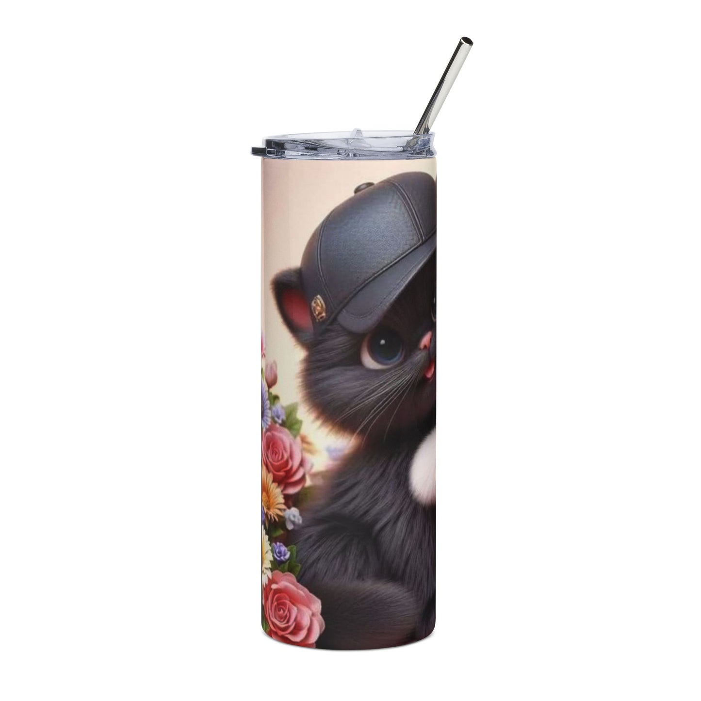 20oz Cat Hug Stainless Steel Tumbler — Cute Black & White Kittens Floral Design