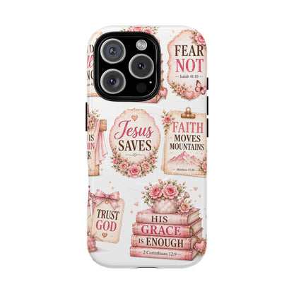 Christian Faith iPhone Tough Magnetic Case — 'Jesus Saves' Floral Scripture Design (Fear Not, Faith Moves Mountains)