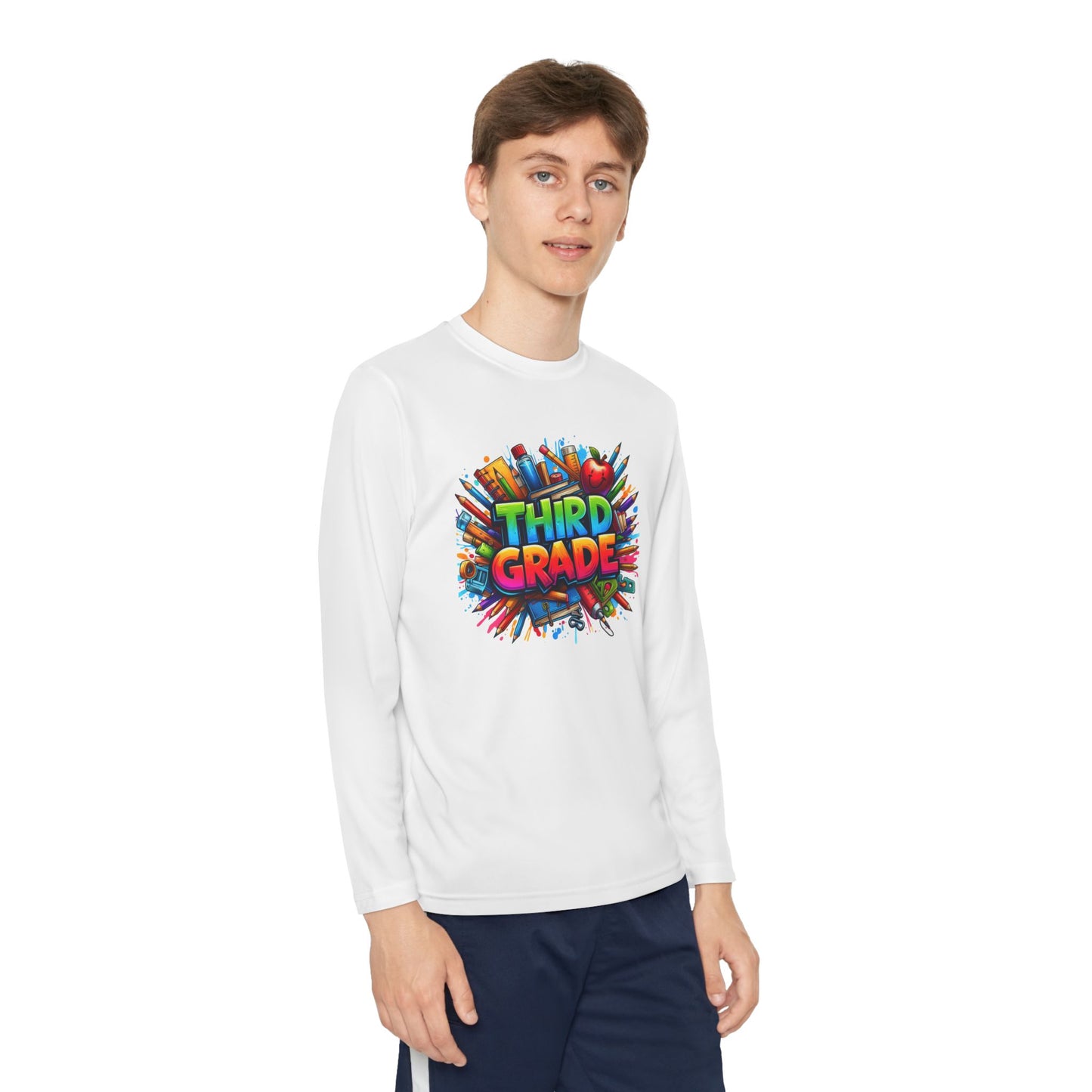Third Grade Youth Long Sleeve Tee — Colorful School Supplies Design