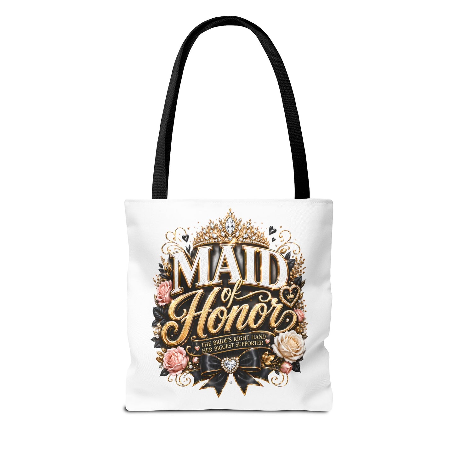 Maid of Honor Tote Bag — Elegant Bridal Party Gift with Gold Crown Floral Design