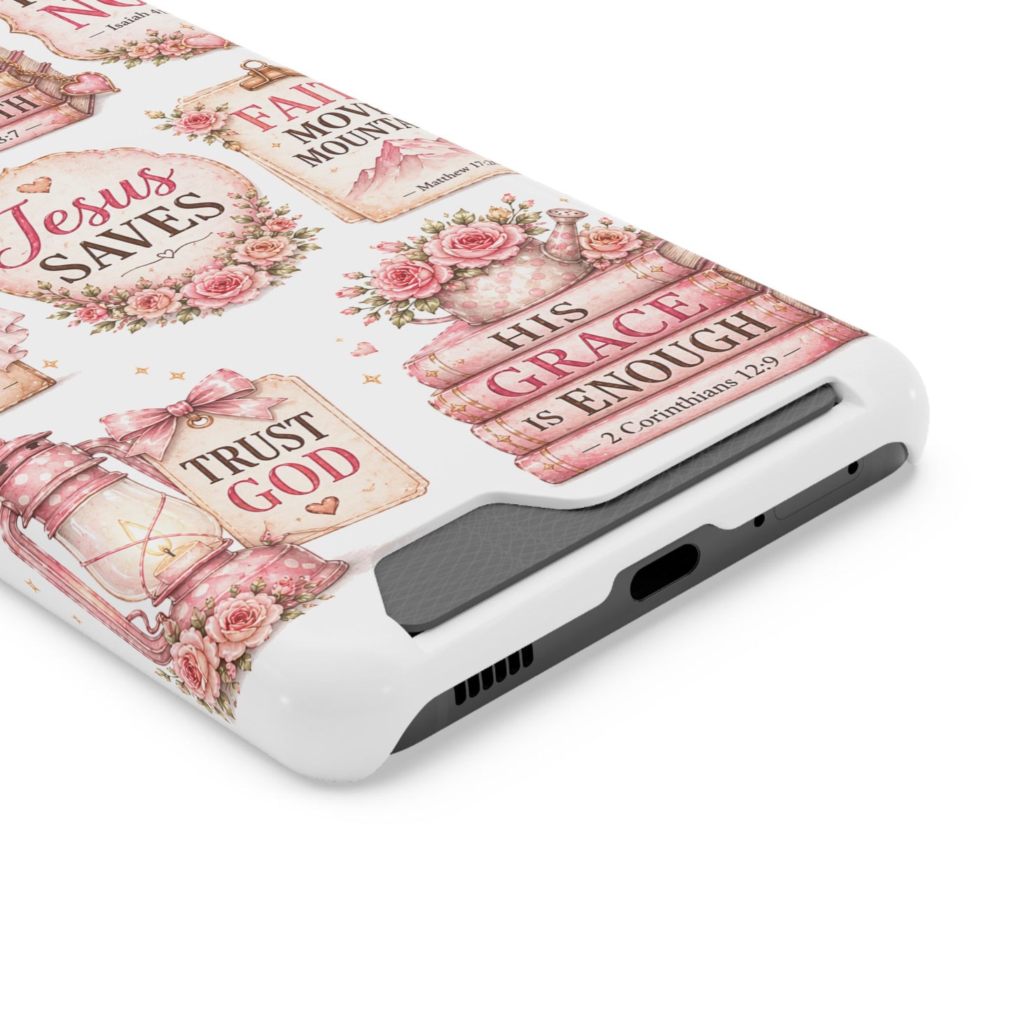 Christian Phone Case with Card Holder — 'Jesus Saves' Floral Scripture Design
