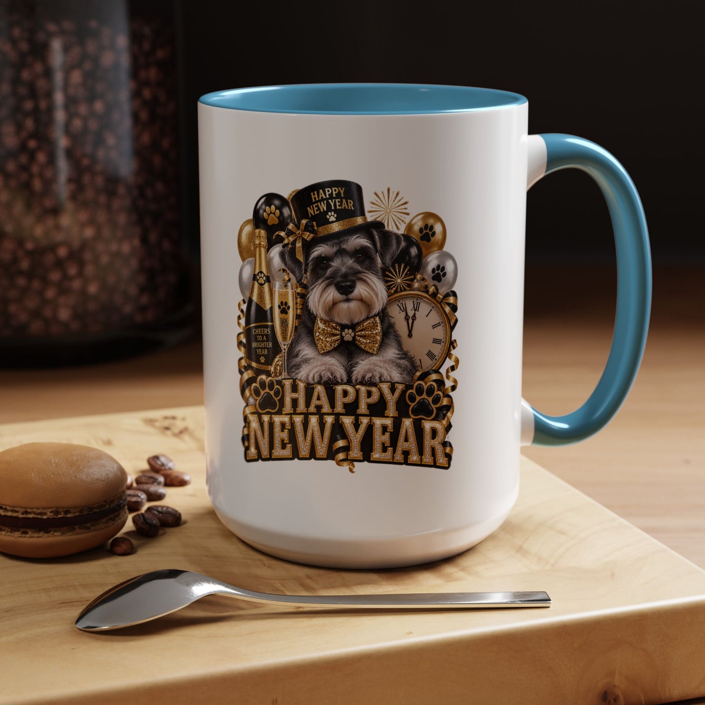 Happy New Year Dog Coffee Mug — Festive Black & Gold 11/15oz Accent Mug