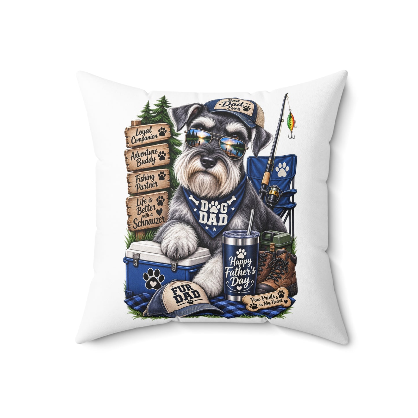 Dog Dad Fishing Schnauzer Pillow - Outdoor Camper Pet Lover Accent Pillow
