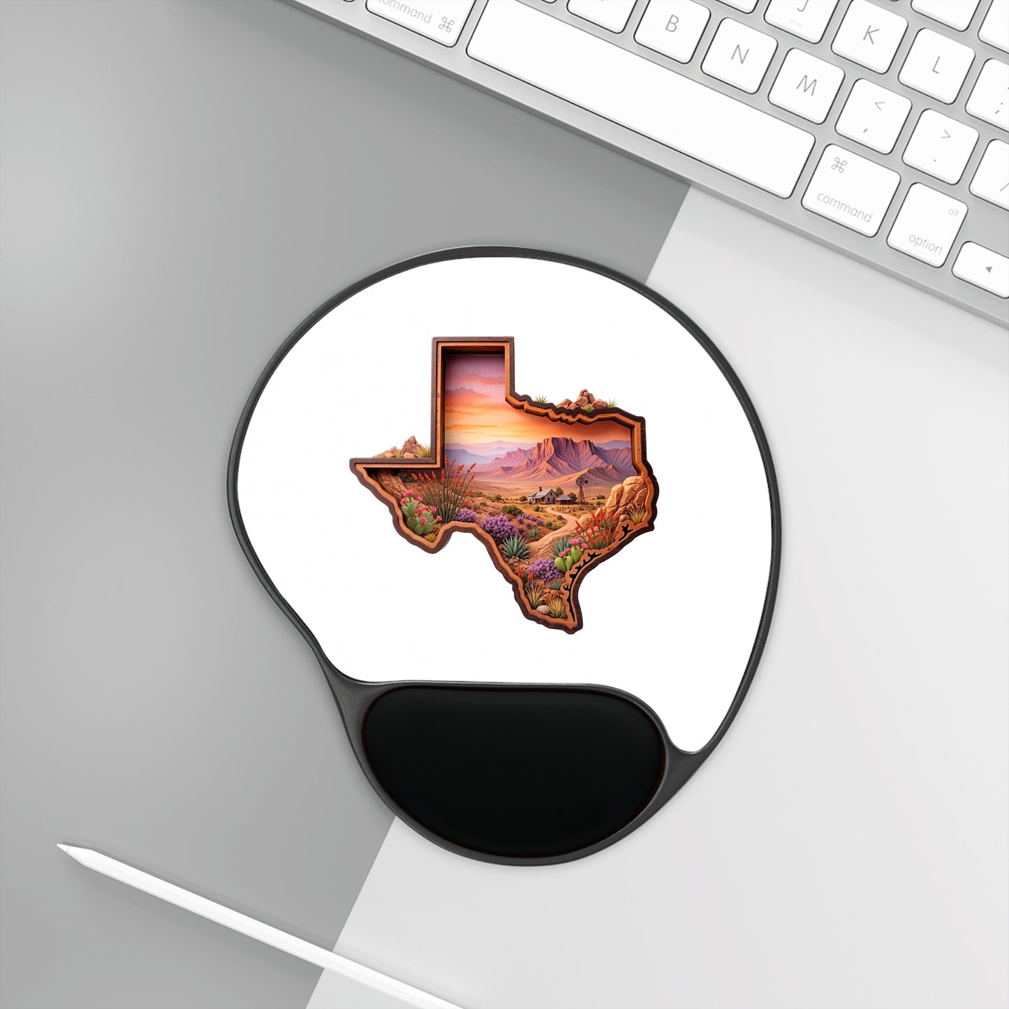 Texas Landscape Mouse Pad with Wrist Rest — Sunset Desert State Shape
