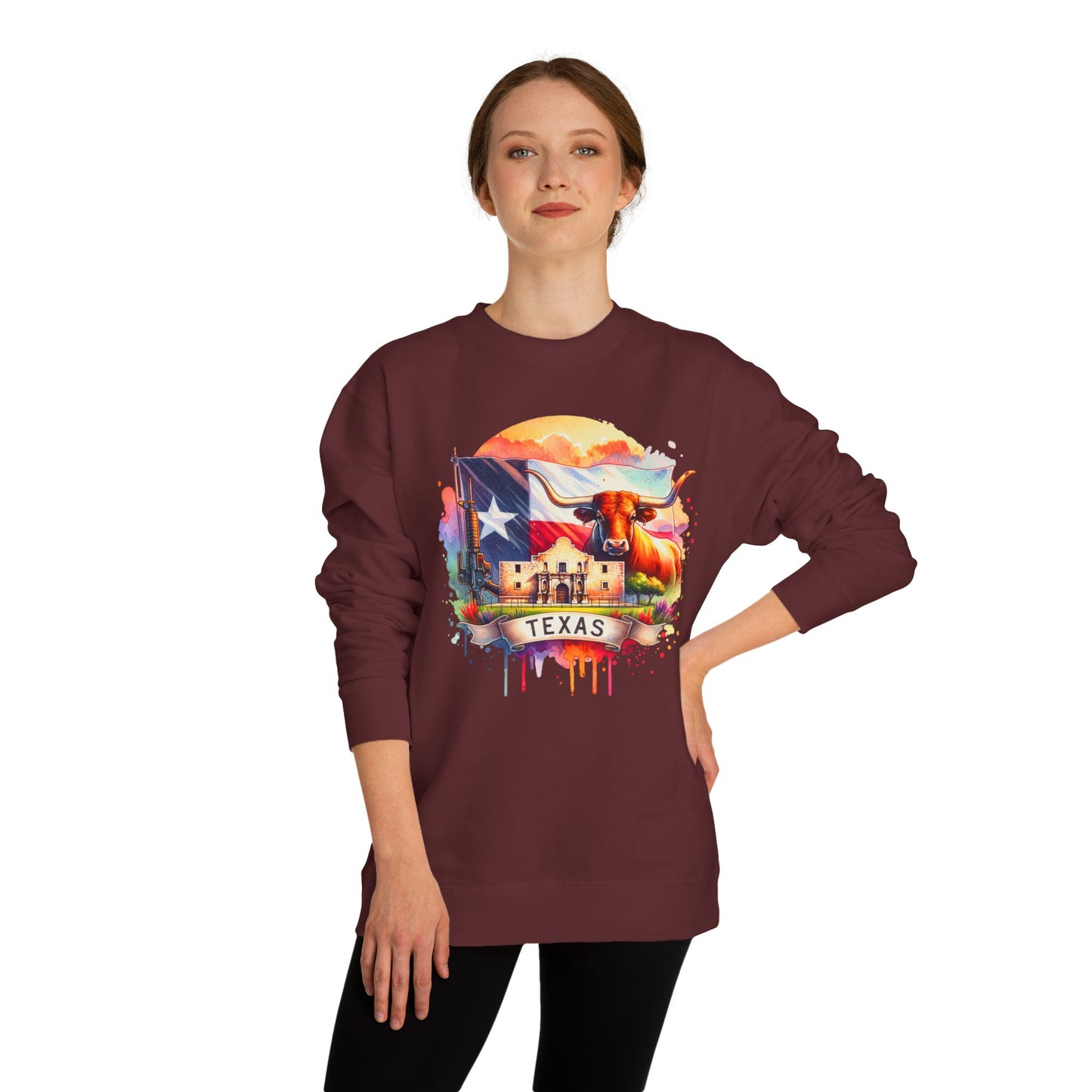Texas Watercolor Flag Sweatshirt — Longhorn & Alamo Graphic