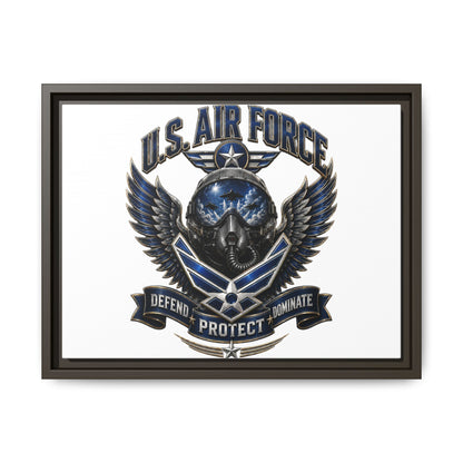 U.S. Air Force Emblem Framed Canvas Print – "Defend Protect Dominate" Military Wall Art