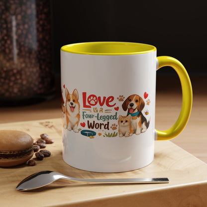 Dog Lover Accent Coffee Mug — “Love is a Four-Legged Word” Ceramic Gift