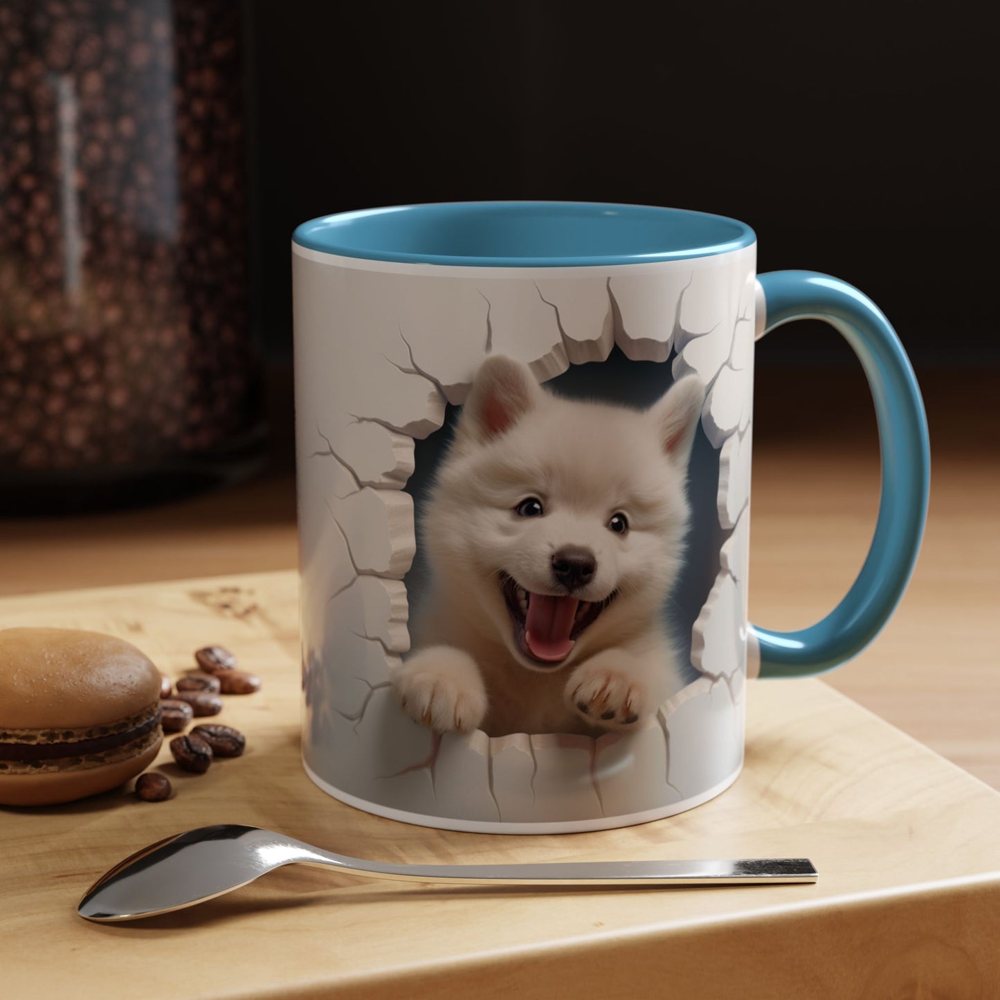 Cute Puppy Breaking Wall Accent Coffee Mug – Funny Smiling Dog Gift (11/15oz)