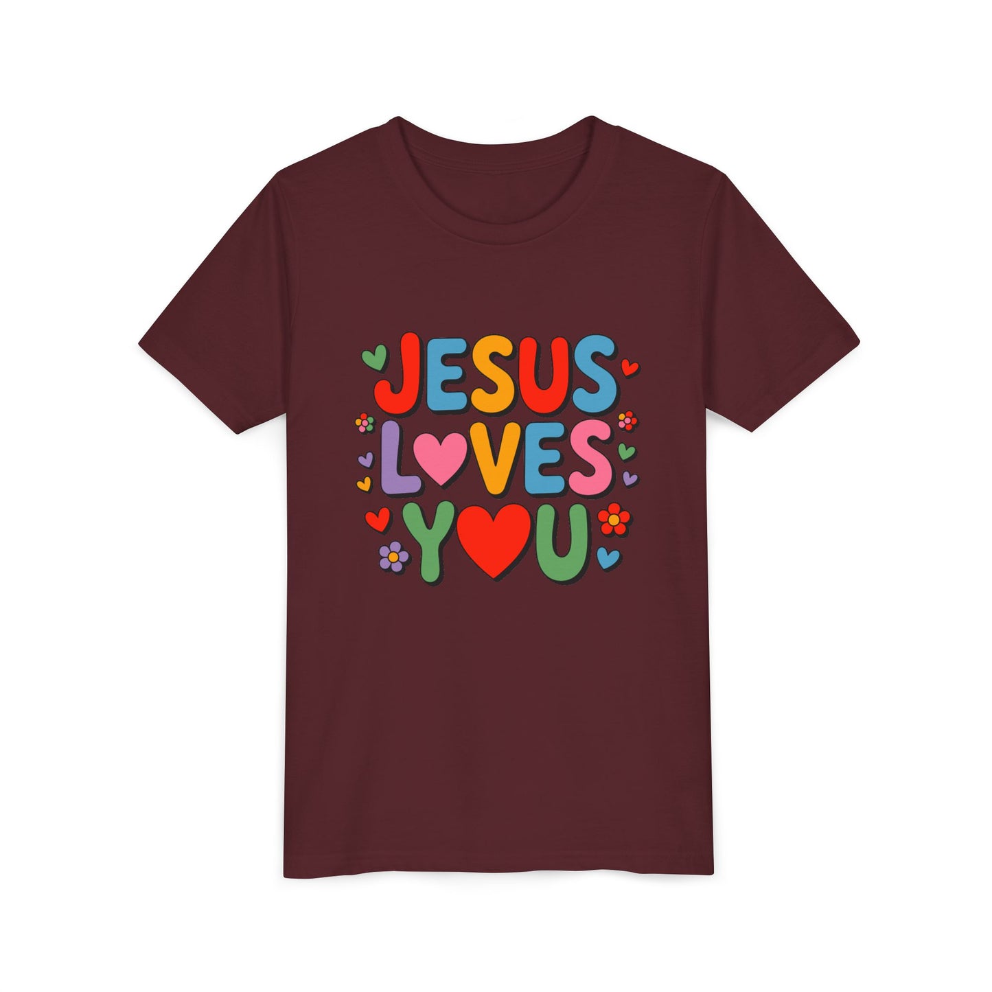 Youth Tee - "Jesus Loves You" Colorful Heart & Flower Christian Shirt