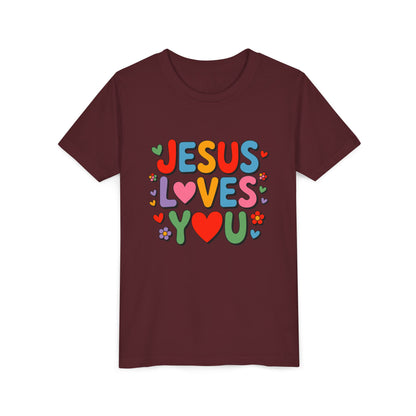 Youth Tee - "Jesus Loves You" Colorful Heart & Flower Christian Shirt