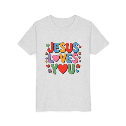 Youth Tee - "Jesus Loves You" Colorful Heart & Flower Christian Shirt