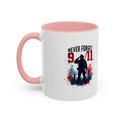 Never Forget 9/11 Accent Coffee Mug — Patriotic Memorial Tribute (11oz, 15oz)