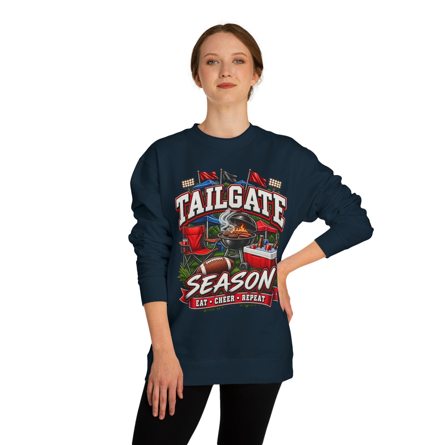 Tailgate Season Sweatshirt — "Eat • Cheer • Repeat" Football Tailgating Crewneck