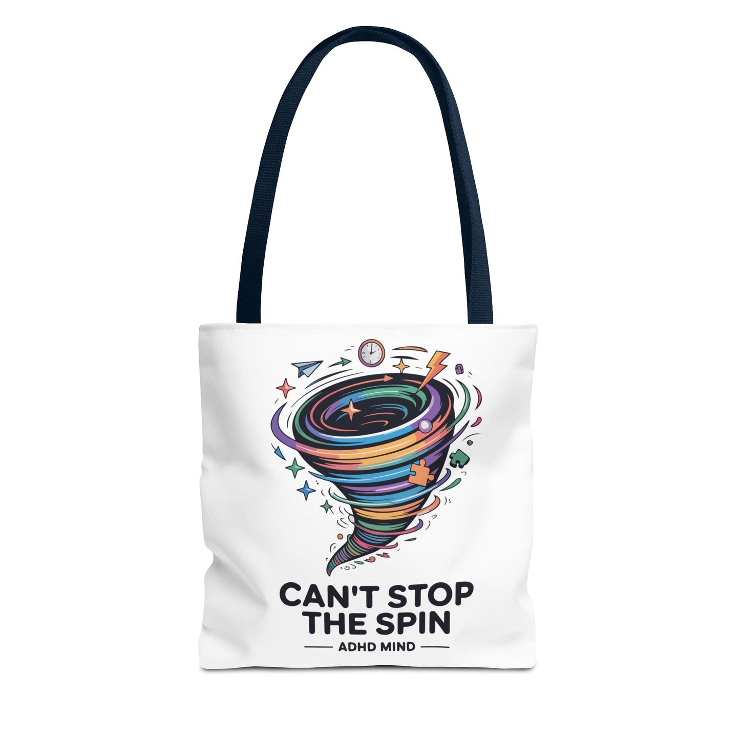 Tote Bag — “Can’t Stop The Spin” ADHD Mind Colorful Tornado Tote