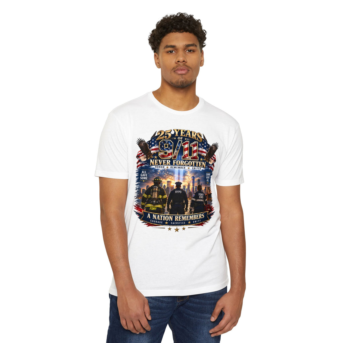 9/11 Never Forgotten T-Shirt — 25 Years Tribute Memorial Tee
