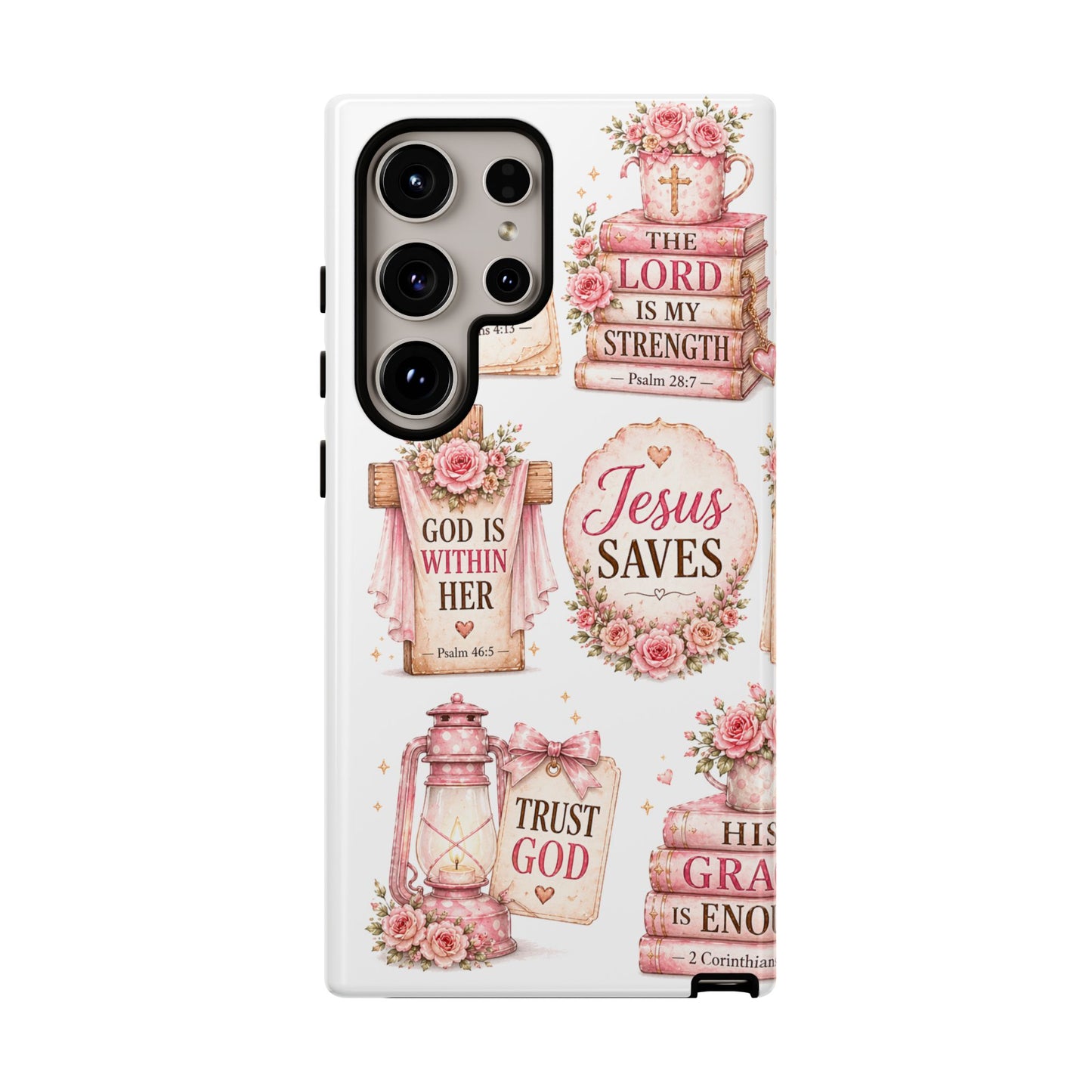 Christian Phone Case — Jesus Saves Floral Tough Case with 'God Is Within Her' & 'Trust God' Design