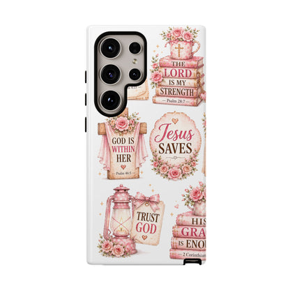 Christian Phone Case — Jesus Saves Floral Tough Case with 'God Is Within Her' & 'Trust God' Design