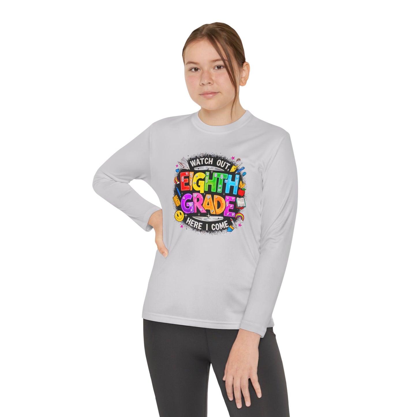 Eighth Grade Youth Long Sleeve Tee — “Watch Out Eighth Grade Here I Come” Back-to-School Shirt