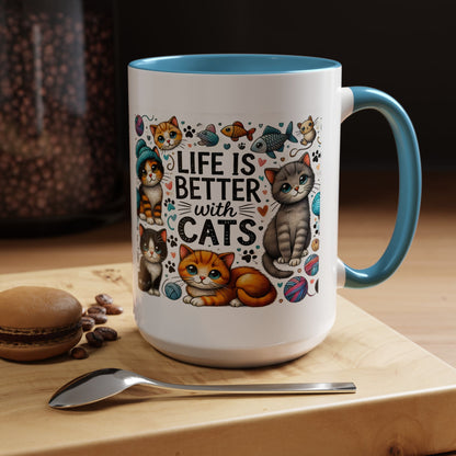 Life Is Better With Cats Accent Coffee Mug – Cute Kitten Ceramic Tea Cup (11/15oz)