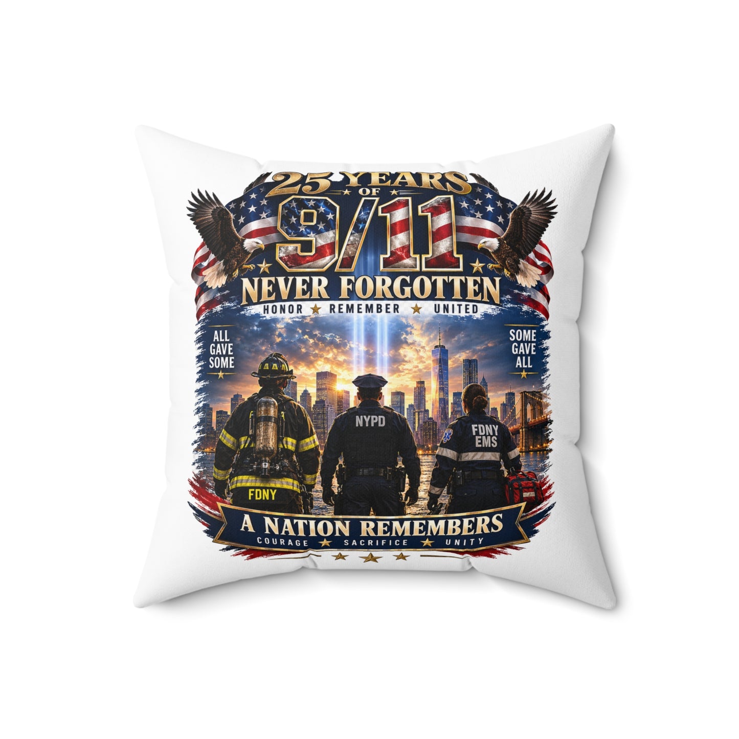 9/11 Never Forgotten Memorial Pillow - 25 Years Tribute Decorative Cushion