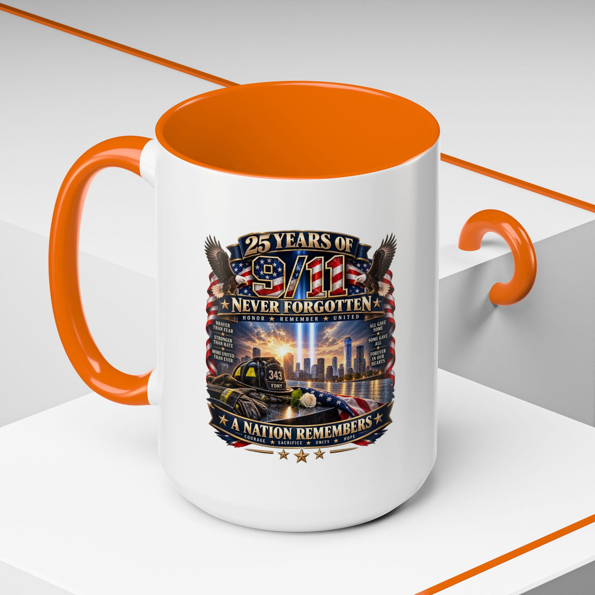 9/11 Memorial Coffee Mug — "25 Years of Never Forgotten" Patriot Tribute