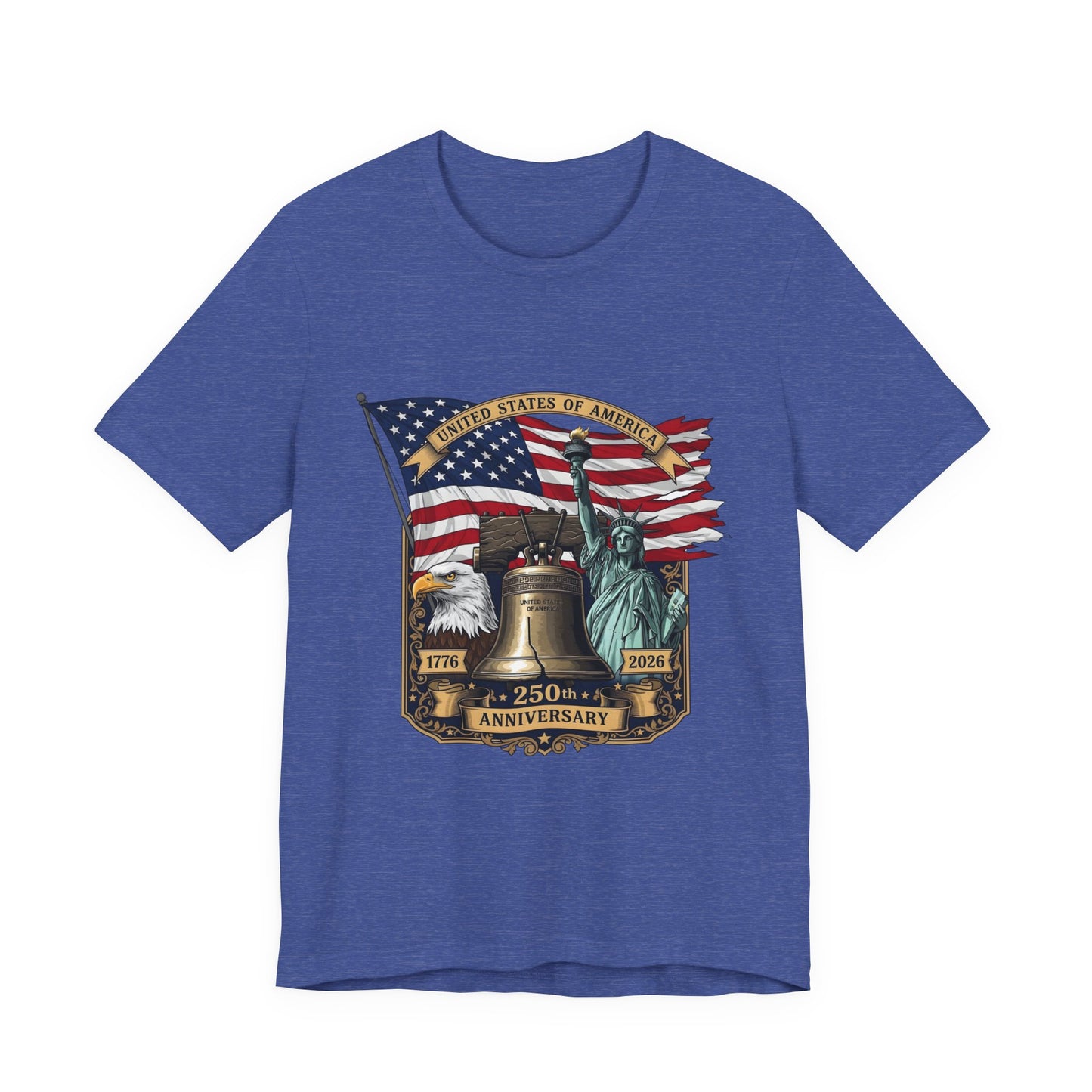 Liberty 250th Anniversary T-Shirt — American Flag, Liberty Bell & Statue of Liberty Tee