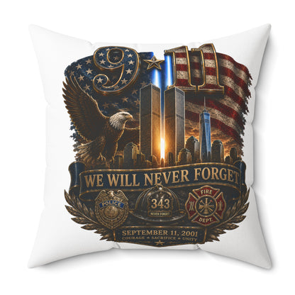 9/11 Memorial Square Pillow — "We Will Never Forget" Tribute