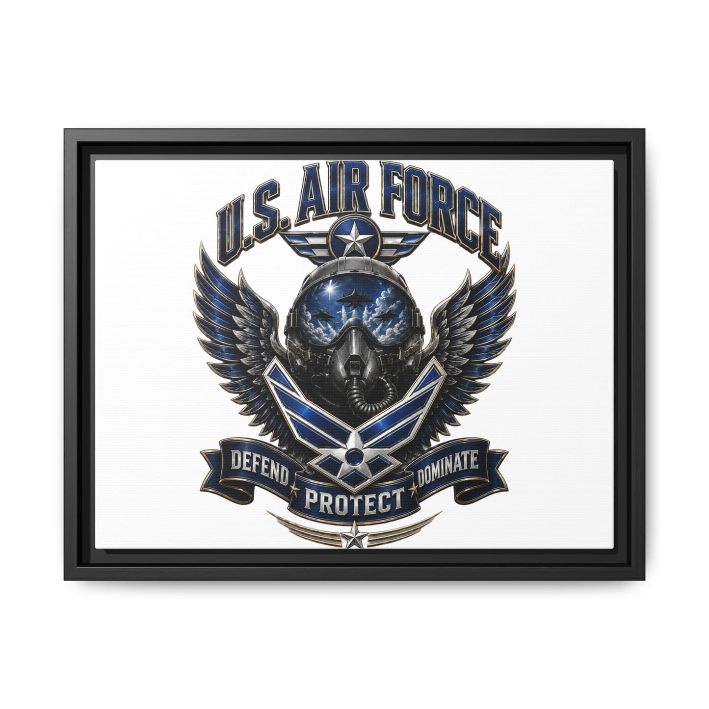 U.S. Air Force Emblem Framed Canvas Print – "Defend Protect Dominate" Military Wall Art