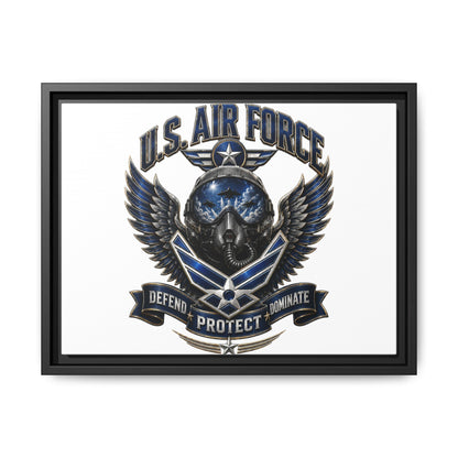 U.S. Air Force Emblem Framed Canvas Print – "Defend Protect Dominate" Military Wall Art