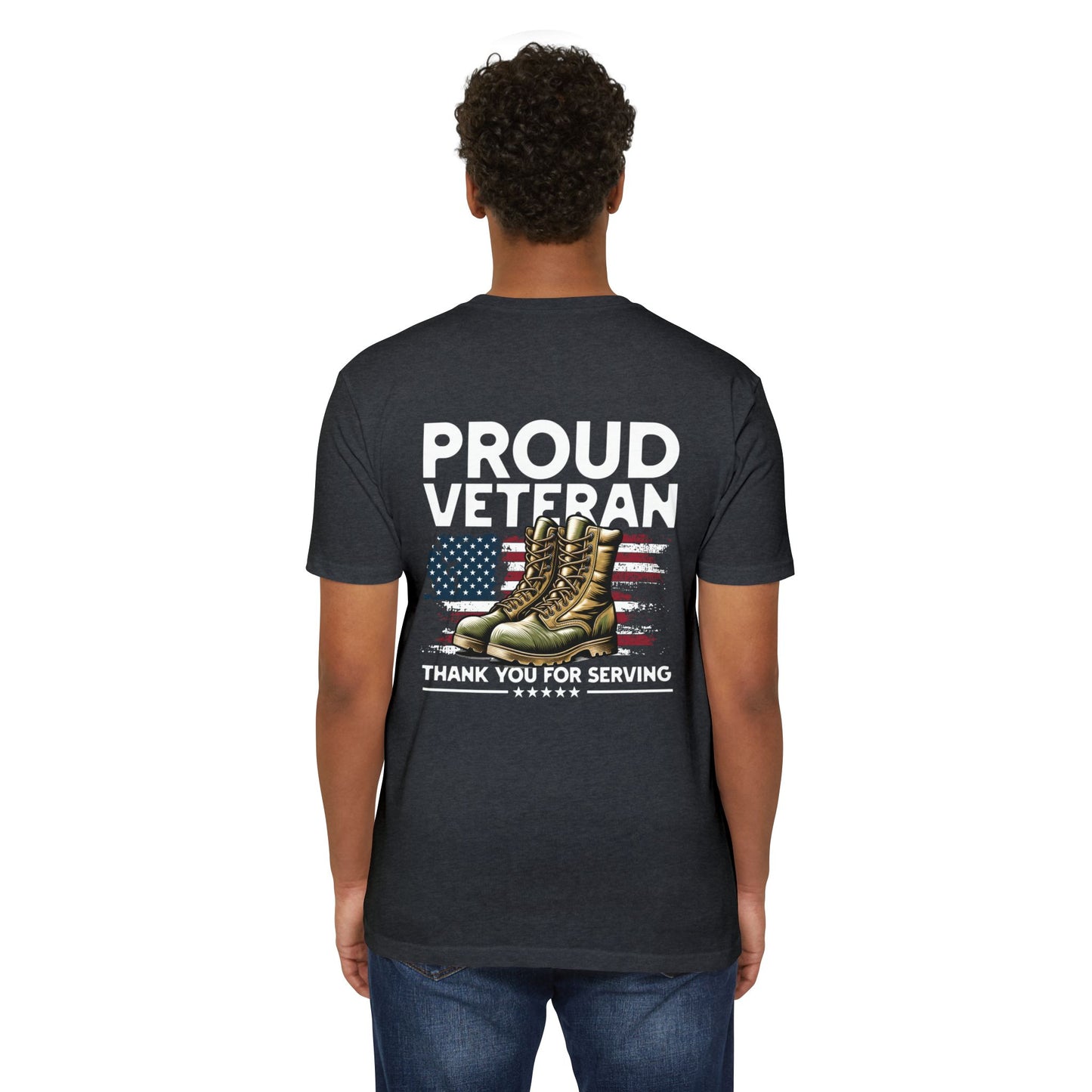 Proud Veteran T-Shirt — "Proud Veteran" with Military Boots & American Flag — Thank You for Serving