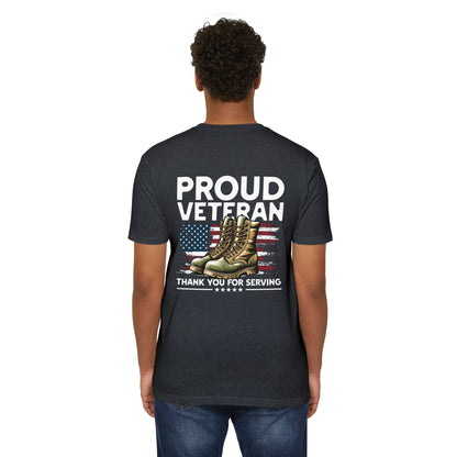 Proud Veteran T-Shirt — "Proud Veteran" with Military Boots & American Flag — Thank You for Serving