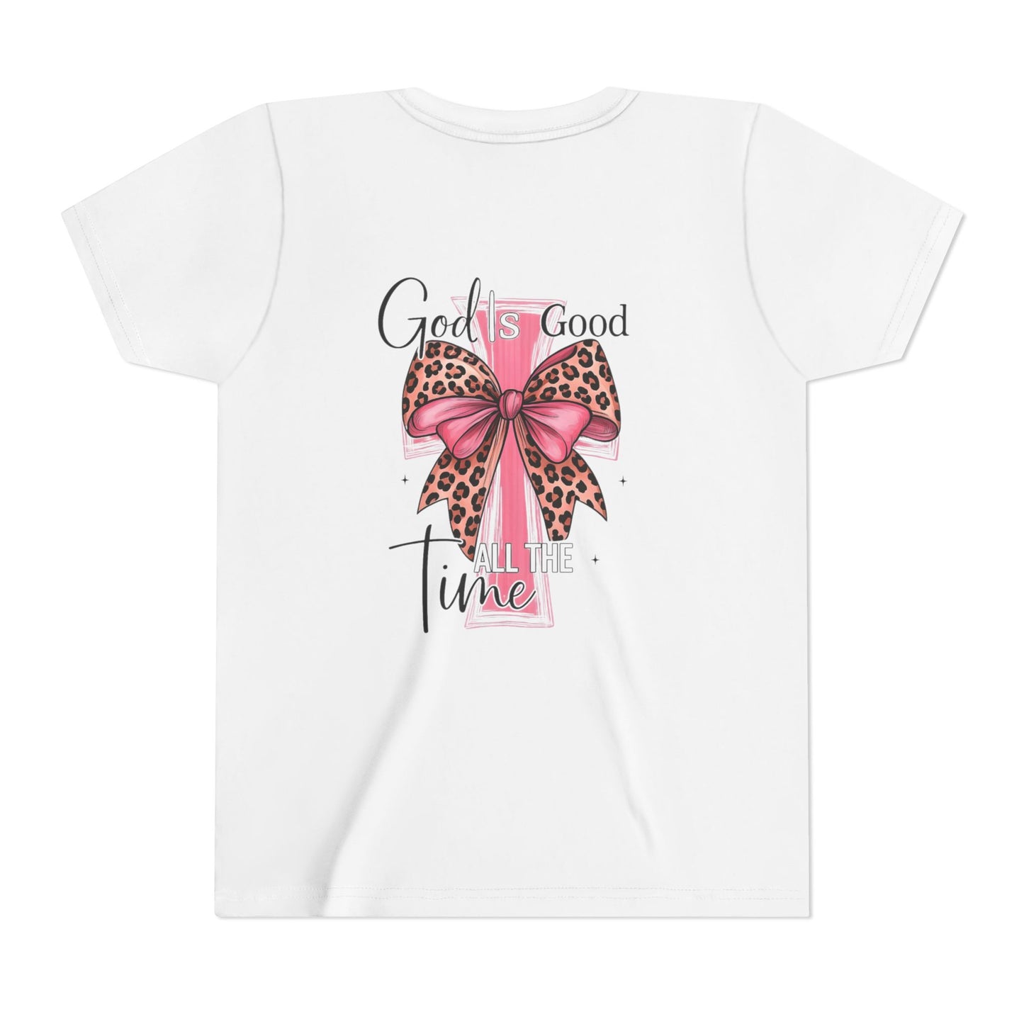 Youth Tee — "God is Good All the Time" Pink Cross with Leopard Bow