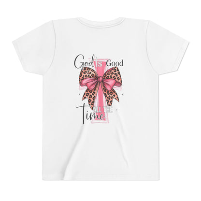Youth Tee — "God is Good All the Time" Pink Cross with Leopard Bow