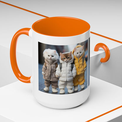Cat Crew Accent Coffee Mug — Cute Kittens in Puffer Jackets (11/15oz)