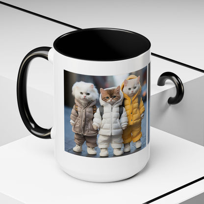 Cat Crew Accent Coffee Mug — Cute Kittens in Puffer Jackets (11/15oz)