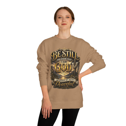 Religious Crewneck Sweatshirt — "Be Still and Know That I Am God" Peaceful Faith Design
