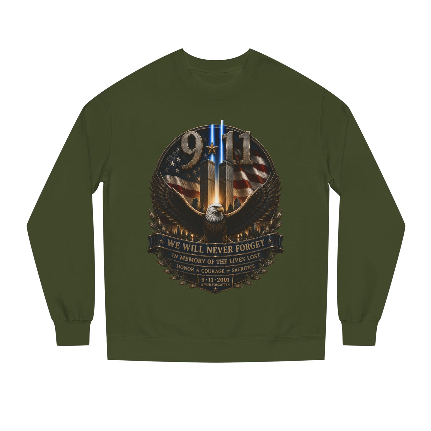9/11 Memorial Sweatshirt — We Will Never Forget Tribute Crewneck