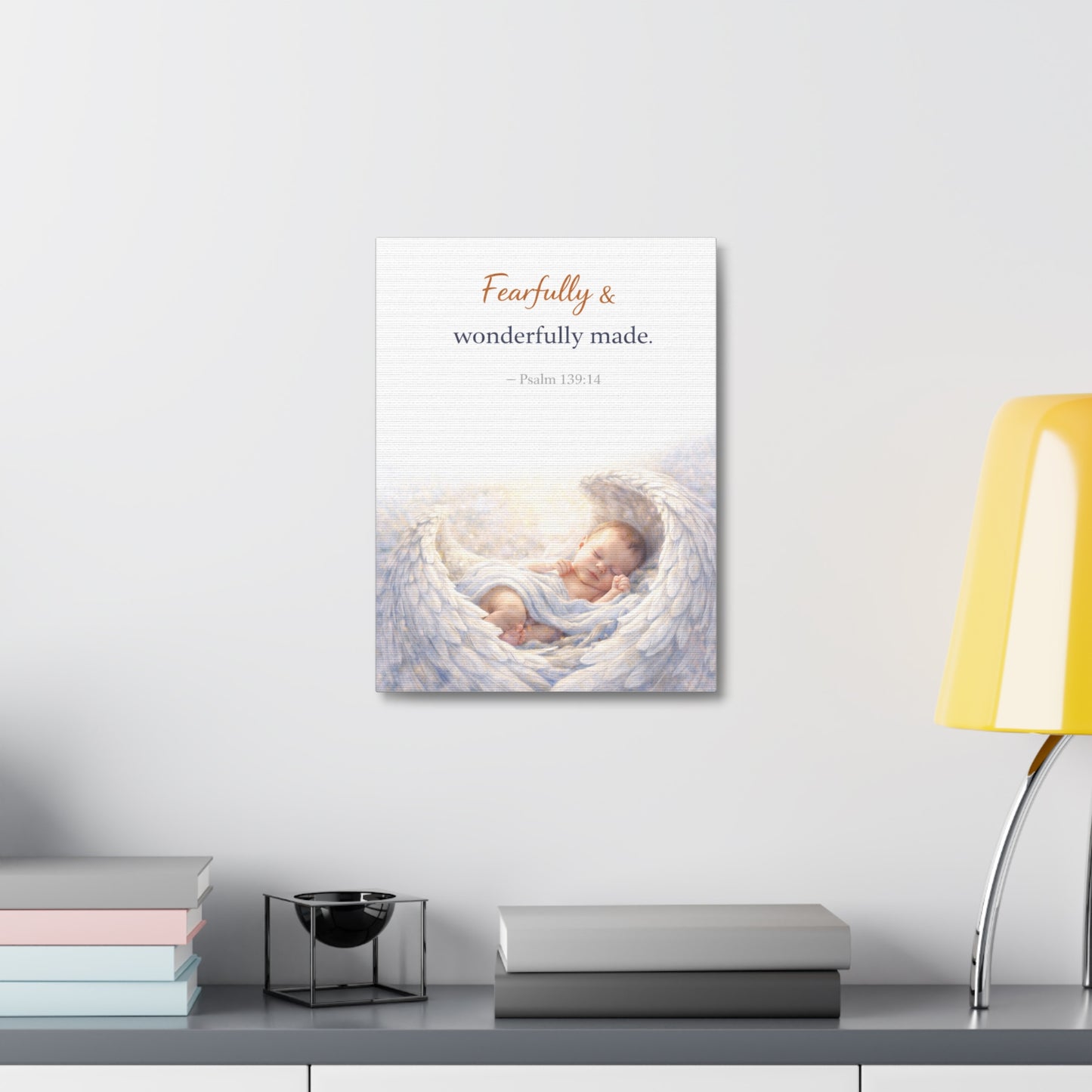 Canvas Wall Art - "Fearfully & Wonderfully Made" Baby Angel Bible Verse (Psalm 139:14) Nursery Decor