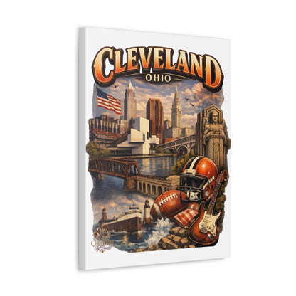 Cleveland Ohio Vintage Collage Stretched Canvas — Rock & Football City Skyline Wall Art