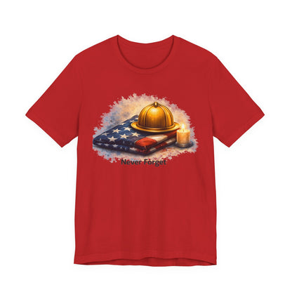 Never Forget Memorial T‑Shirt — Firefighter Helmet & Flag Tribute