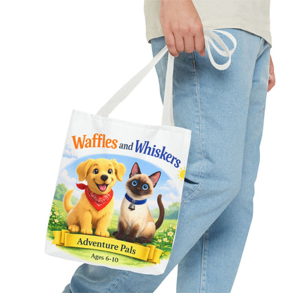 Waffles & Whiskers Adventure Pals Tote Bag — Cute Puppy and Kitten Kids Book Design