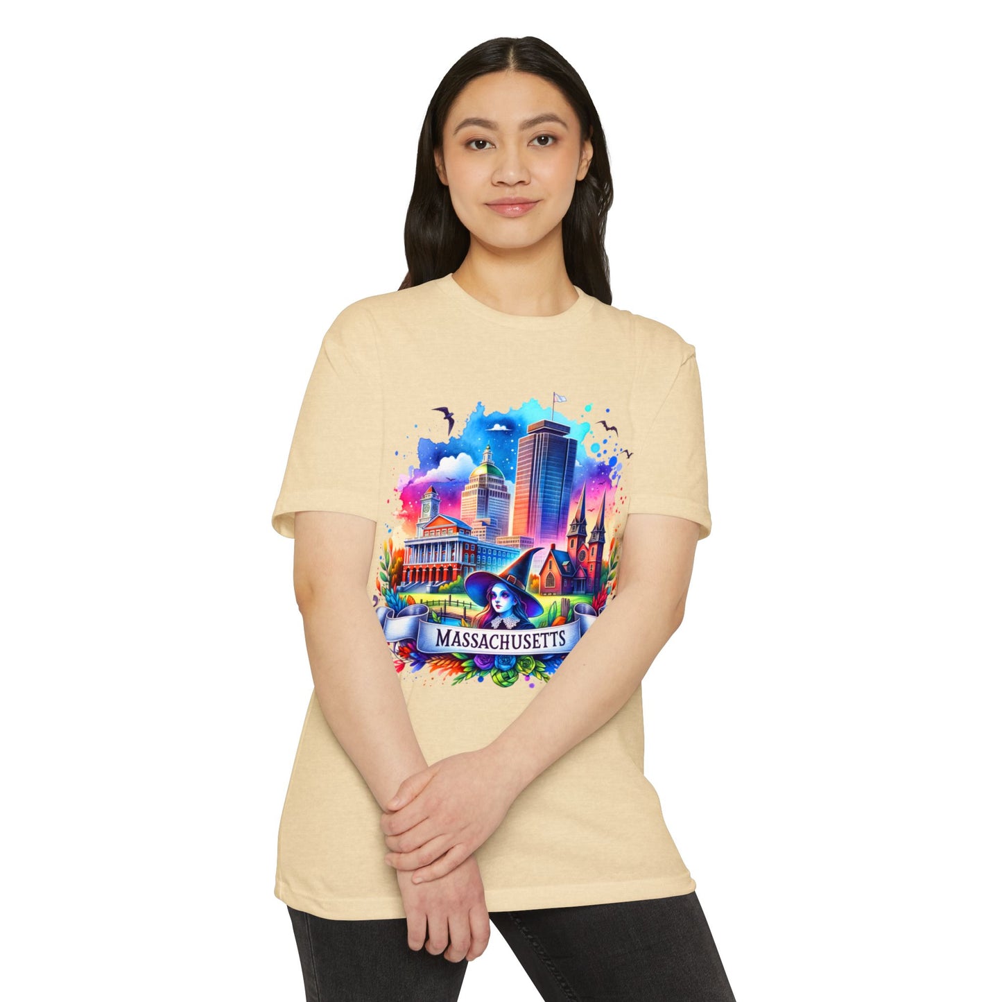 Massachusetts Watercolor Cityscape T-Shirt — Colorful State Landmark Tee