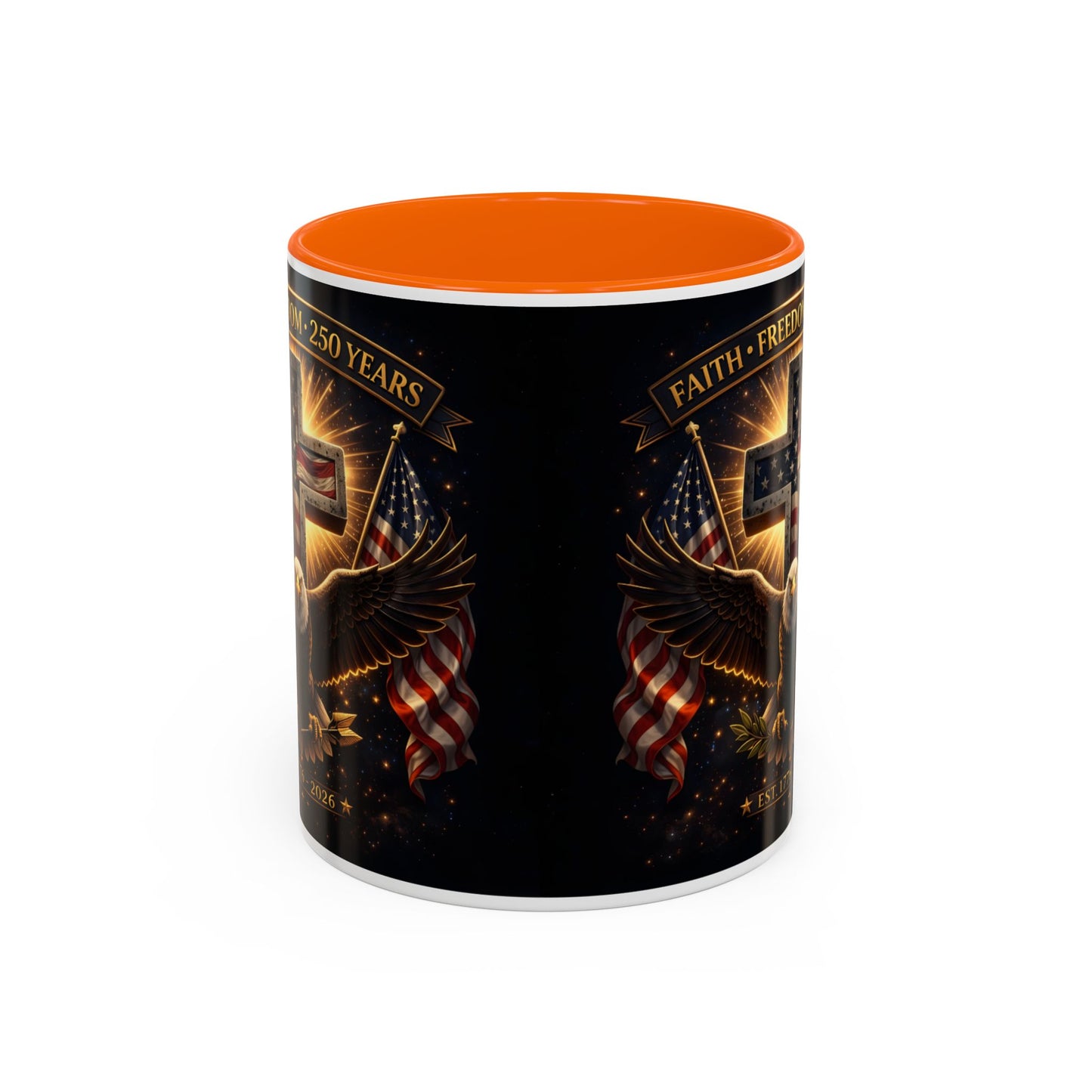 Patriotic Faith & Freedom Accent Coffee Mug — Eagle, Cross & American Flag (1776–2026)