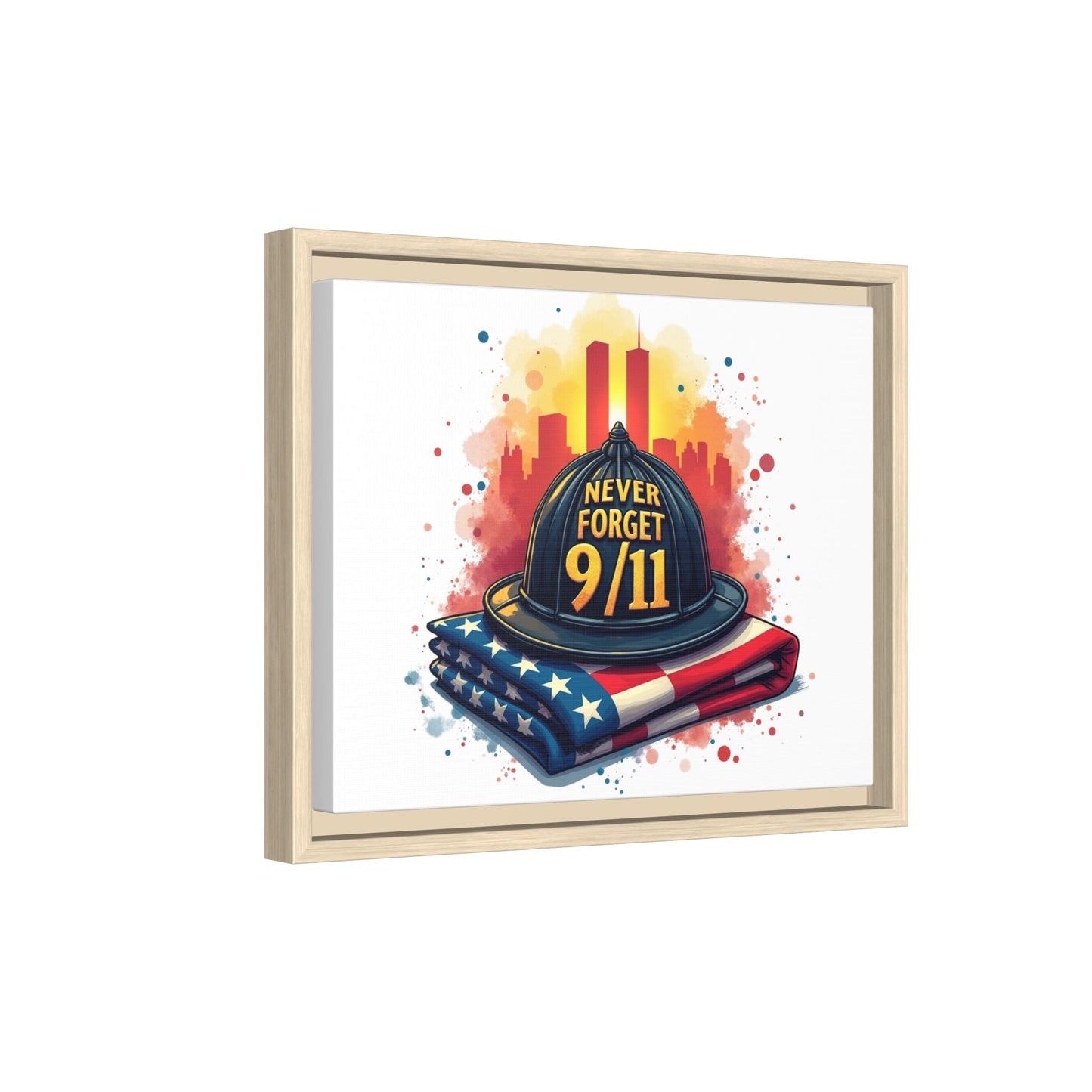 Never Forget 9/11 Framed Canvas Print — Firefighter Helmet & American Flag Memorial Art