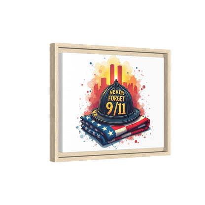 Never Forget 9/11 Framed Canvas Print — Firefighter Helmet & American Flag Memorial Art