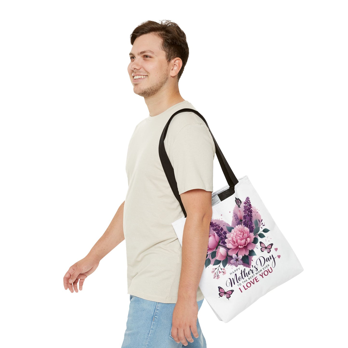 Mother's Day Floral Tote Bag - "Happy Mother's Day I Love You" Heart Bouquet