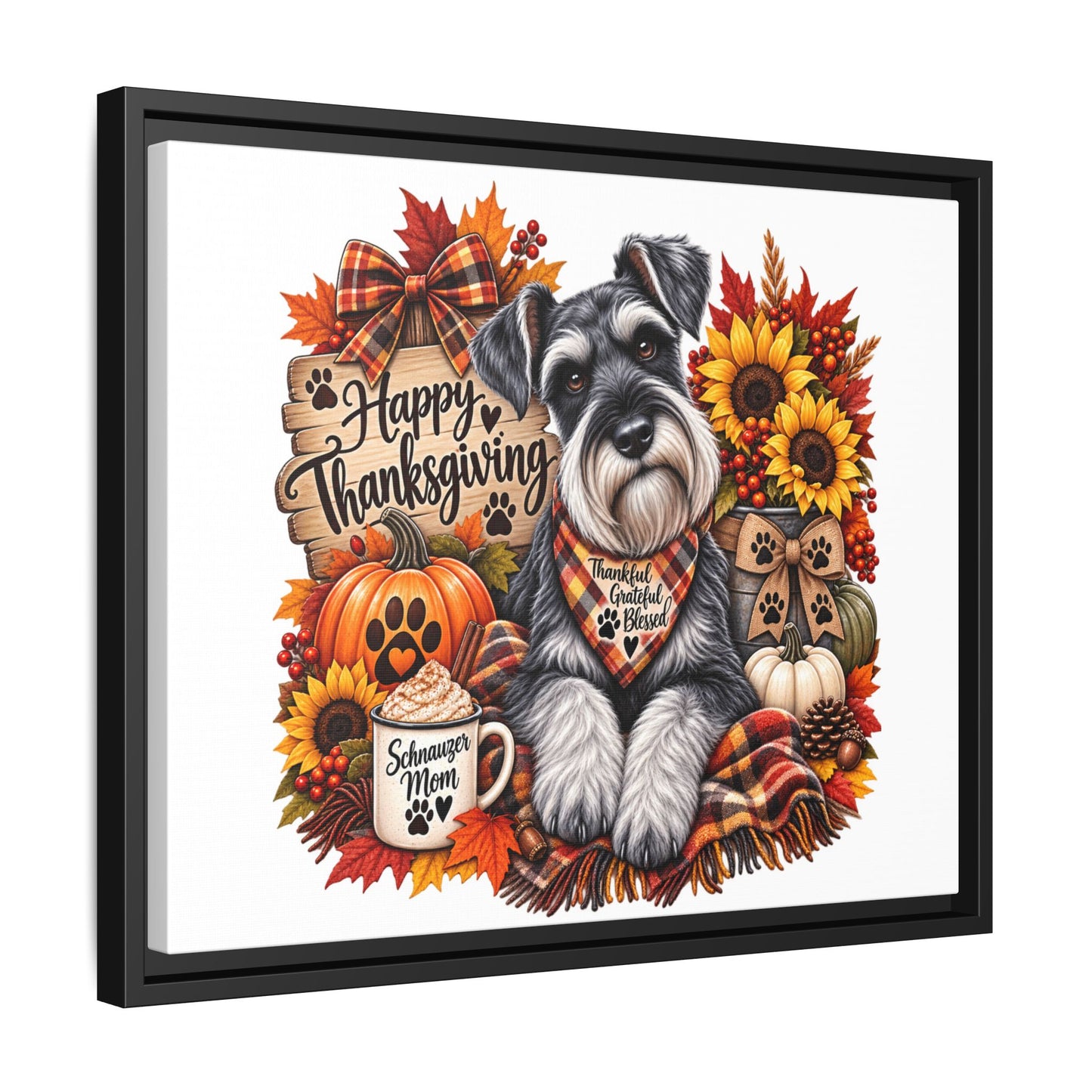 Happy Thanksgiving Schnauzer Framed Canvas — Autumn Dog Wall Art