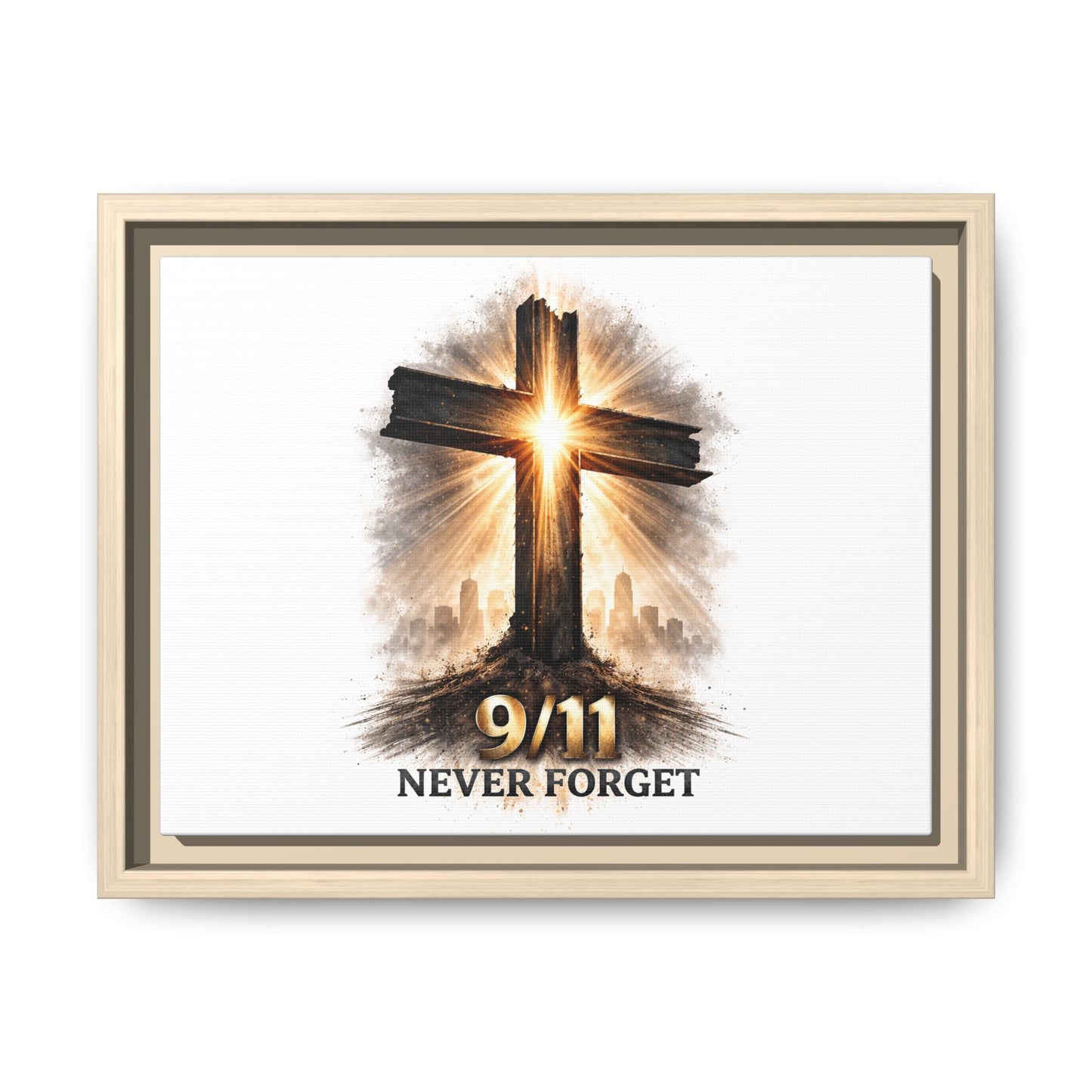 9/11 Never Forget Framed Canvas Wall Art — Memorial Cross Tribute