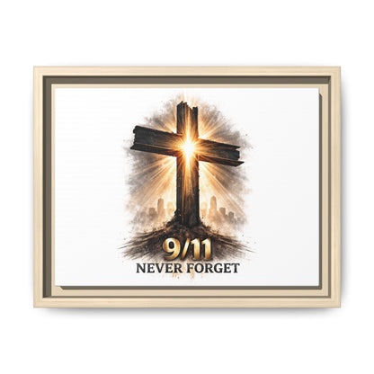 9/11 Never Forget Framed Canvas Wall Art — Memorial Cross Tribute
